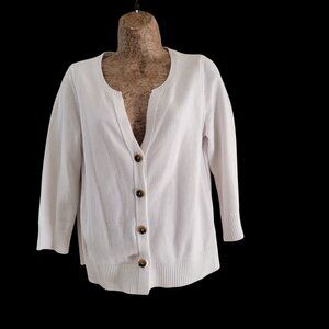 J.jill Womens White Button-Up Cardigan Sweater Ribbed Trim Quarter Sleeves